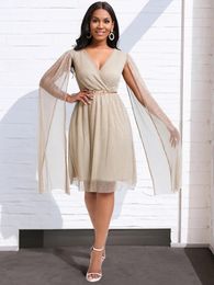 Casual Dresses Fashion Short Evening Party Dress For Women Cloak Long Sleeve Champagne V-neck Sexy Prom With Belt Elegant Cocktail Gown