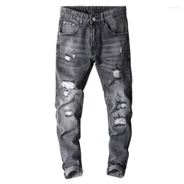 Men's Jeans Skinny Men Ripped Slim Fit Denim Pants Gray Stretch Distressed Patchwork Hip Hop Streetwear Clothing Moto Man