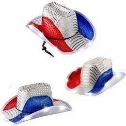 Red White and Blue USA Patriotic Light Up Cowboy Hats LED Flashing Luminous American Sequin Cowgirl Hat For Western Independence Day Party Supplies HJ5.21