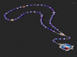 Pendant Necklaces Rose Christ Jesus Catholic Paternosters Rosary Necklace Long Blue Glass Prayer Beads Chain Religious Communion J8899525