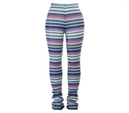 Women039s Jeans Women High Waist Knitted Long Pants Multicolor Striped Skinny Stacked Trousers1997835