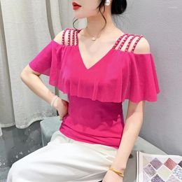 Women's T Shirts Summer V-neck Mesh Tops Korean Fashion Short Sleeved Women Shirt Sexy Off Shoulder Diamond Buckle Bright Silk