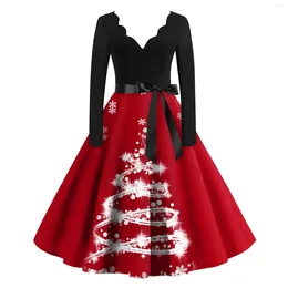 Casual Dresses Christmas Dress Women Winter Long Sleeve V Neck Elegant Vintage Santa Claus Snowflake Print Xmas Party Outfits Black Swing