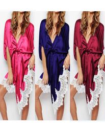 Women039s Sleepwear 2021 Style Sexy Robes Women V Neck Satin Silk Lace Kimono Robe Dressing Gown Long Wedding Nightwear Summer1700127