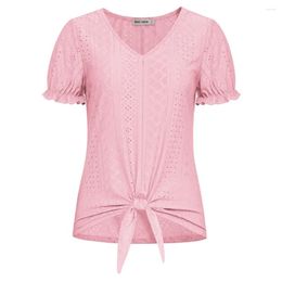 Women's T Shirts Women Hollowed-out Tops Short Sleeve V-Neck Tie Front Hem Pullover