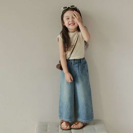 Kids Casual Denim Korean Version Baggy Wide-leg Pants Girls Fashion All-match Multi-pocket Elastic-waist Jeans 3-8Y