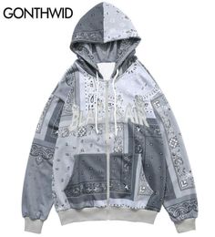 GONTHWID Embroidered Bandana Patchwork Full Zip Hooded Sweatshirts Jackets Harajuku Hip Hop Casual Hoodies Coats Tops Mens T2009141722421
