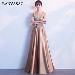 Party Dresses BANVASAC 2024 O Neck Sequined A Line Gold Long Evening Vintage Lace Half Sleeve Satin Prom Gowns