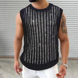 Men's Tank Tops Hip Hop Mens Slim Knitted Crew Neck Sleeveless Casual Camisoles 2024 Summer Sexy Hollow Out See Through Knitting Vest