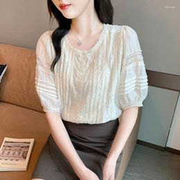 Women's Blouses Women Clothing Lace Spliced Shirts Summer Single Breasted Short Sleeve Blouse Fashion Solid Commute Striped Tops