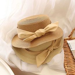 Caps Hats French Bow Childrens Straw Hat Summer Beach 50-52-54cm Flat Top Sunshade d240521