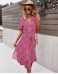 Party Dresses Summer Women Floral Print Dress Casual Short Sleeve Button Holiday Midi Female V-Neck Beach Boho Chic Elegant Robe