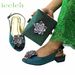 Dress Shoes Lastest Italian Design Fashion Style Ladies With Matching Bag Set 2024 Nigerian Low Heels Sandals In Dark Green For Party