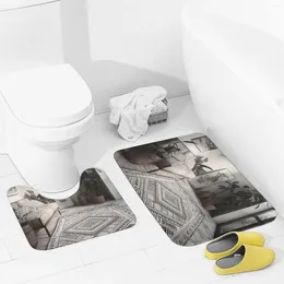 Bath Mats Bathroom Rugs Sets 2 Piece Black And White Style Room Absorbent U-Shaped Contour Toilet Rug