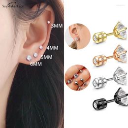 Stud Earrings 3/4/5/6/7mm Screw Ear Studs Stainless Steel Double Crystal Zircon Korean For Women Anti Allergic Body Jewelry