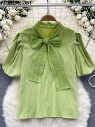 Women's Blouses Nomikuma French Style Puff Sleeved Shirt For Women Summer Bow Bandage Korean Niche Elegant Blouse Top 2024