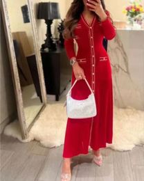 Casual Dresses 2024 Autumn French Retro Red V-neck Single-Breasted Knitted Slim Long Dress Comfortable Office Ladies Metal Button