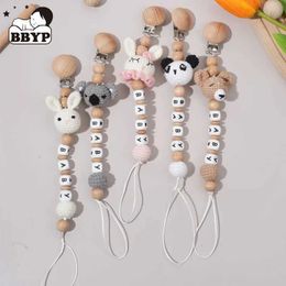 Pacifier Holders Clips# Customised baby name crochet animal bear ring pacifier clip safety tooth chain teeth environmentally friendly dummy beech clip d240521