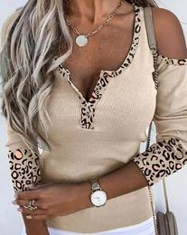 Women's T Shirts Top 2024 Summer Fashion Contrast Leopard Pattern Cold Shoulder Casual Ribbed Long Sleeve Button Daily T-shirt