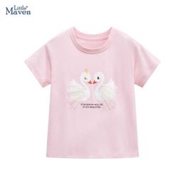 T-shirts Little maven 2024 Kids Clothes Summer Pink T Shirts Cartoon Animals Childrens Clothing Cotton Baby Girls Tops Tees Y240521