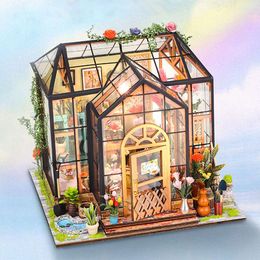 Dollhouse Miniature Chic Gift Handmade Lights Accessories Green Small House Set DIY Cottage for Adults Kids Teens Women
