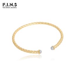 F.I.N.S Korean Simple Style Zircon Twist Pure S925 Sterling Silver Bracelet Texture Open Wrist Hand Bangle Minimalist Fine Jewel 240521