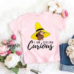 T-shirts 2024 Kawaii Curious George T-shirt Cartoon Graphic Print Monkey T Shirt Summer Tees Girls Tshirts Pink Short Sleeved Tops Y240521