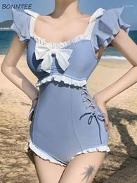 Cover-ups Women Bow Kawaii Lace Up Beach Style Ruffles Holiday Slim Chic Patchwork Swimwear Casual Sweet Backless Ulzzang