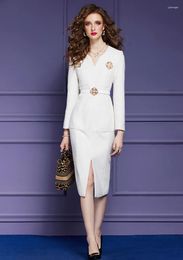 Casual Dresses ZJYT Elegant Women Tweed Woollen Party Long Sleeve 2024 Designer Autumn Winter Midi Straight Vestidos Office Robe White