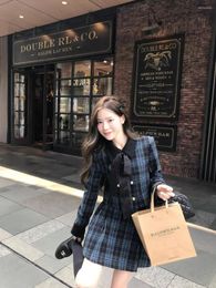 Work Dresses Korean Plaid Set Women Double Breasted Coat Top Pleated Skirt Celebrity Retro Slim Fashion Autumn Female Clothes Two Piece