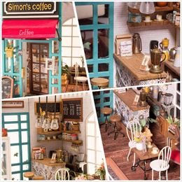 RobRobotime Mini Cafe House DIY Dollhouse Kit with LED Light Miniature Woodcraft Puzzle Challenge Gift Set