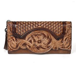 Wallets Vintage Embossed Women's Wallet Genuine Leather Long Ladies For Woman Purse Organiser Clutch Bag With Wristlet