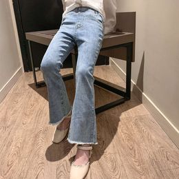 New Spring Summer Teens Girl Clothes Denim Jeans Fashion Patchwork Haruku Tight flared Pant Child High Elastic Waist 12 years