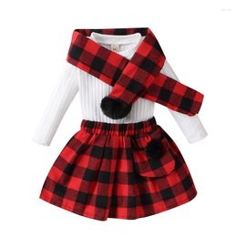 Clothing Sets Girls Set 0-5Y Spring Autumn Solid Color Ribbed Tops Plaid Skirts Scarf Children Fashion Clothes Baby