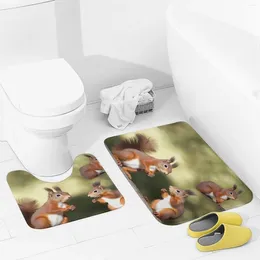 Bath Mats Bathroom Rugs Sets 2 Piece Cute Squirrels Absorbent U-Shaped Contour Toilet Rug