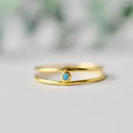 Cluster Rings Vintage Natural Blue Turquoises For Women Antique Gold Color Titanium Double Layer Girl Finger Ring Jewelry