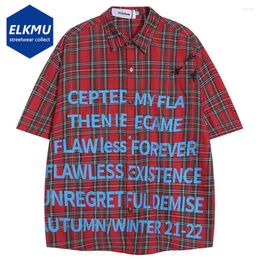 Men's Casual Shirts Hip Hop Plaid Letter Printed Bee Embroidery Loose Men Summer Short Sleeve Button Up Blouse