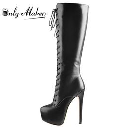 Onlymaker Women's Round Toe Stiletto Platform Zipper Knee High Boots High Heel Lace Up Plus Size Winter Fashion Sexy Boots