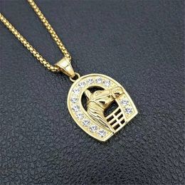 Hip Hop Iced Out Bling Horseshoe With Horse Head Pendant Necklace For Men/Women 14K Gold Jockey Club Jewelry