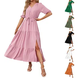 Casual Dresses Women's V Neck Button Down Drawstring Hem Slit Short Sleeved Dress