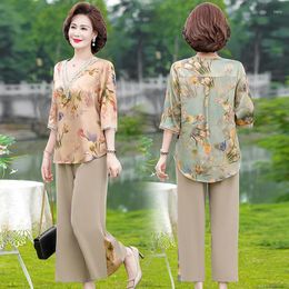 Women's Two Piece Pants 2 Sets Women Outfit 3/4 Sleeve Length Blouse Trousers Printing Spring Summer Middle Aged Mother Suit