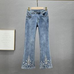 Women's Jeans Skinny For Women 2024 Spring Elastic High Waist Slim Denim Trousers Beaded Embroidery Flare Pants Woman Blue Jean