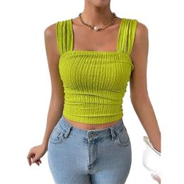 Women Solid Color Square Neck Pleated Vest Slim Fit Stretch Tank Tops Female Short Suspenders Comfortable Casual Camis Tees 240517