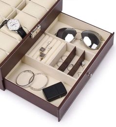 12 Slots Watch Box Mens Watch Organiser Pu Leather Case With Jewellery Drawer For Storage And Display Brown2161725