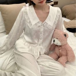 Home Clothing Sweet Lace Collar Pyjamas Set Female White Satin Shirt&pants Long Sleeve Clothes Loose Nightwear Princess Style Pyjamas