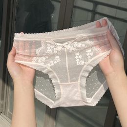 Women's Panties Sexy Polka Dot Lace Mesh Women Summer 7A Antibacterial Cotton Crotch Mid-rise Underwear Thin N8587