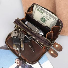 Genuine Leather Key Wallets Men Vintage Handmade Zipper Car Key Holder Cowhide Keys Organiser Women Housekeeper Case Coin Purse 240521