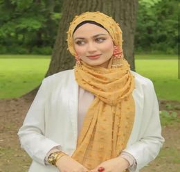 Plain Turkish Style Pom Cotton Hijab Muslim Shawl Solid Colour Plaid Headband Wrap Turban Scarves5780008