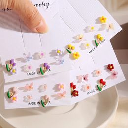 Colourful Flower Butterfly Earrings Set for Women Creative Resin Cartoon Tulip Crystal Stud Earring Girls Kids Cute Jewellery 240511