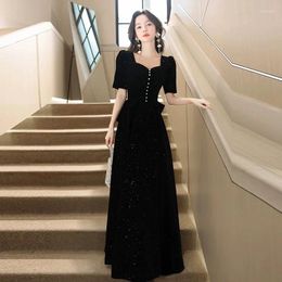 Party Dresses Women's Square Neck Black Shining Evening Dress Bow Decor French Style Elegant Banquet Host Light Luxury Art Exam